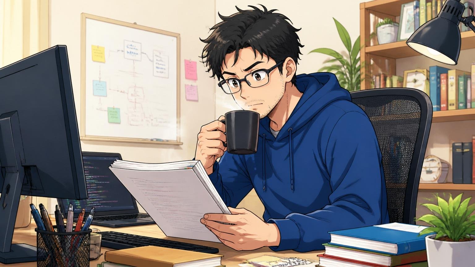 自宅のデスクで在宅勤務しながら記事のまとめを読み返す30代男性エンジニア1人と温かいコーヒー