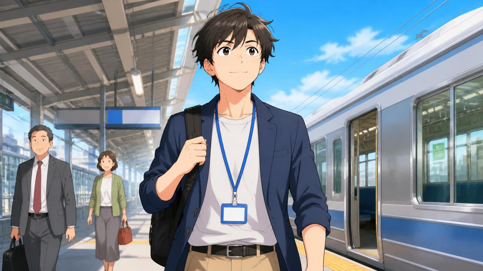 朝の駅のホームで前を向いて歩き出すエンジニア1人、晴れた空、希望のある表情