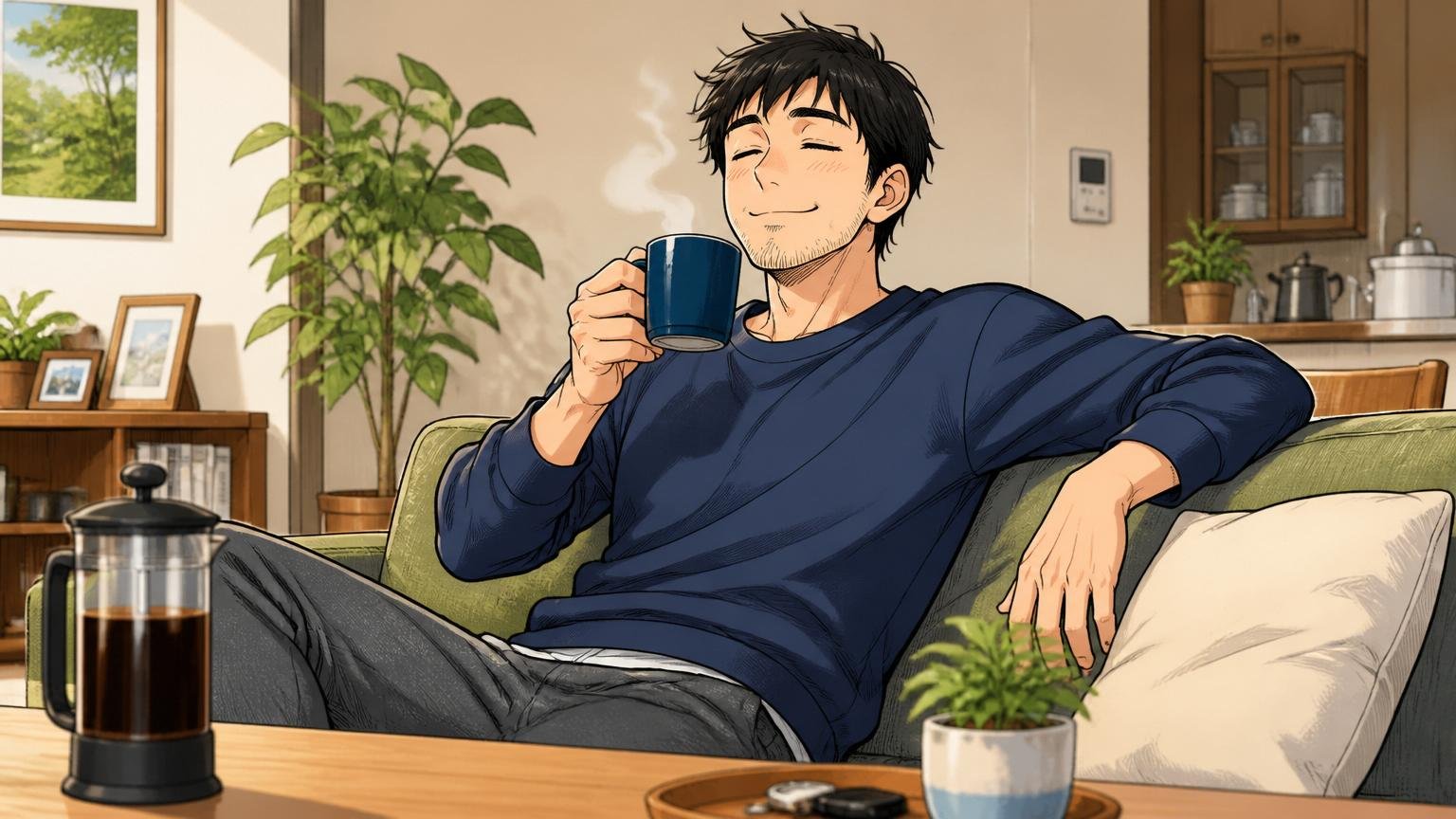 今日3日以内にやること感情のクールダウン。自宅のリビングで30代男性1人。コーヒーを飲んで休む
