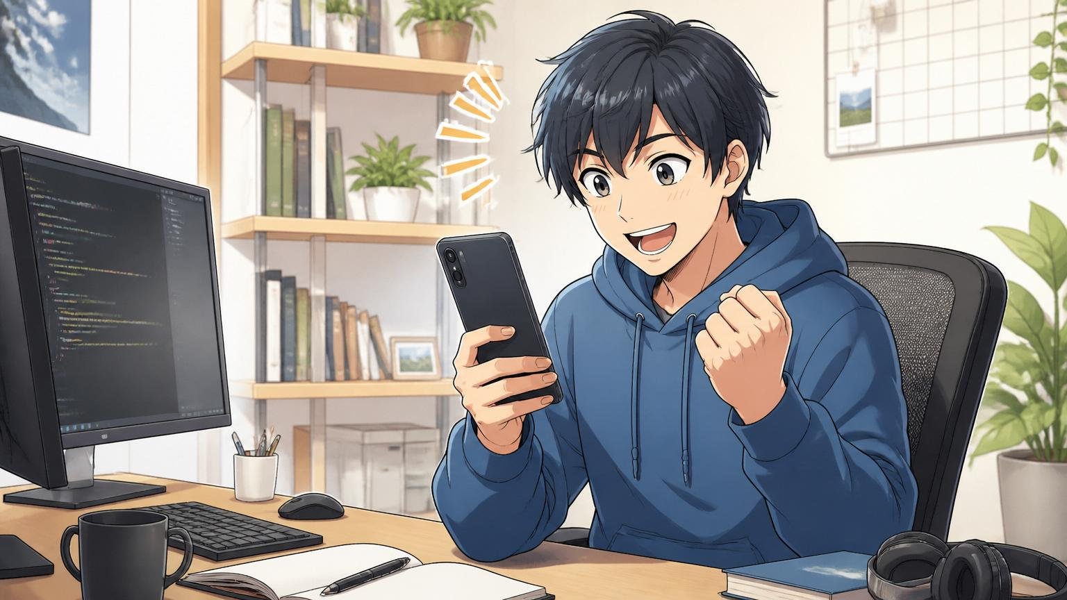 自宅のデスクからスマホで転職エージェントに無料相談を申し込むエンジニア、在宅勤務の20代男性が前向きな表情で一歩踏み出す様子