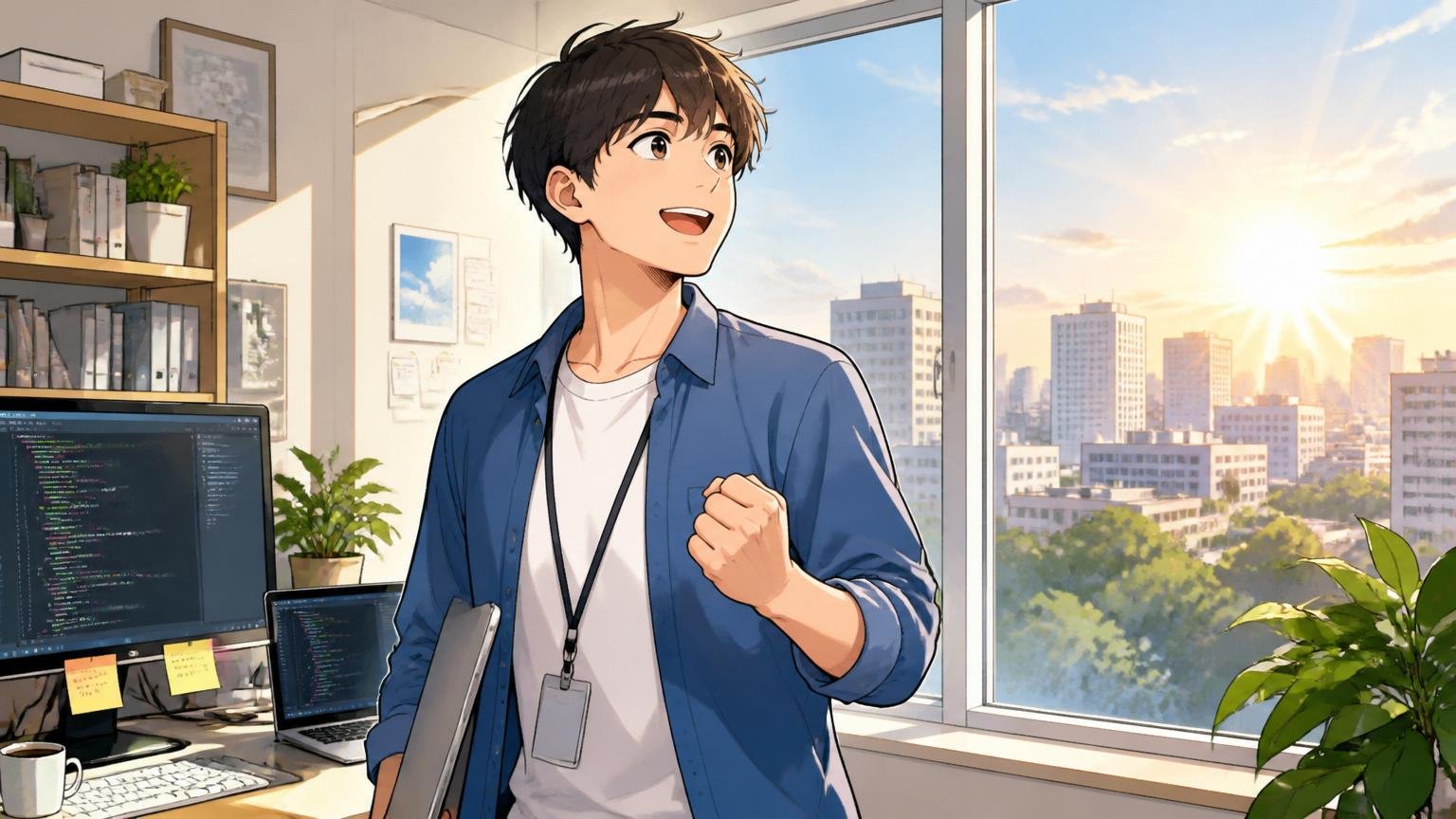 前を向いて次の一歩を踏み出す、窓の外の朝日を見ながら明るい表情になる20代エンジニアの様子