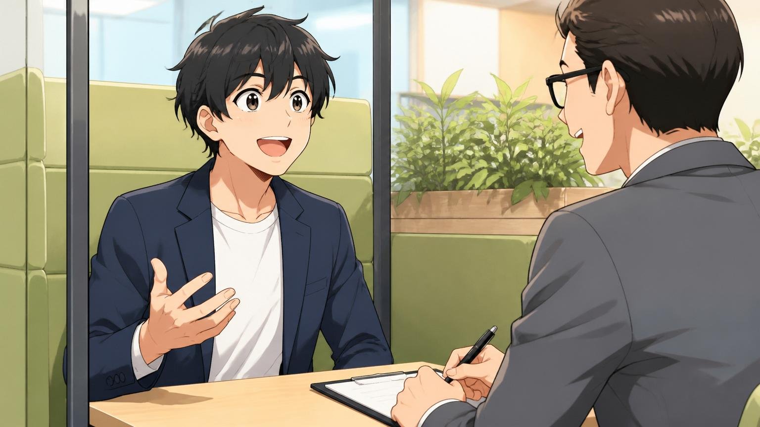 まずは無料であなたの可能性を確かめることから、面談ブースでアドバイザーと笑顔で話すエンジニア、希望に満ちた表情