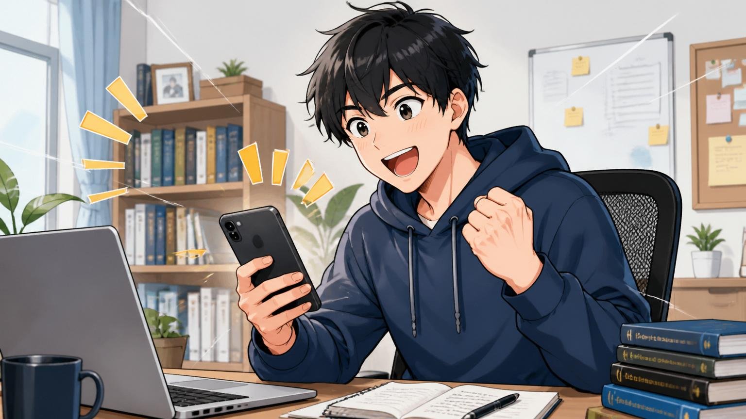 自宅のデスクでスマホからエージェントに無料登録し、前向きな表情で一歩踏み出す20代エンジニア1人