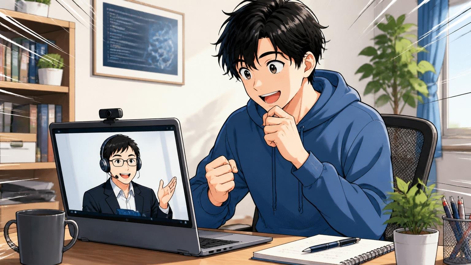 市場価値を無料で確かめる、自宅のデスクで転職相談のPC画面に向かう男性エンジニア