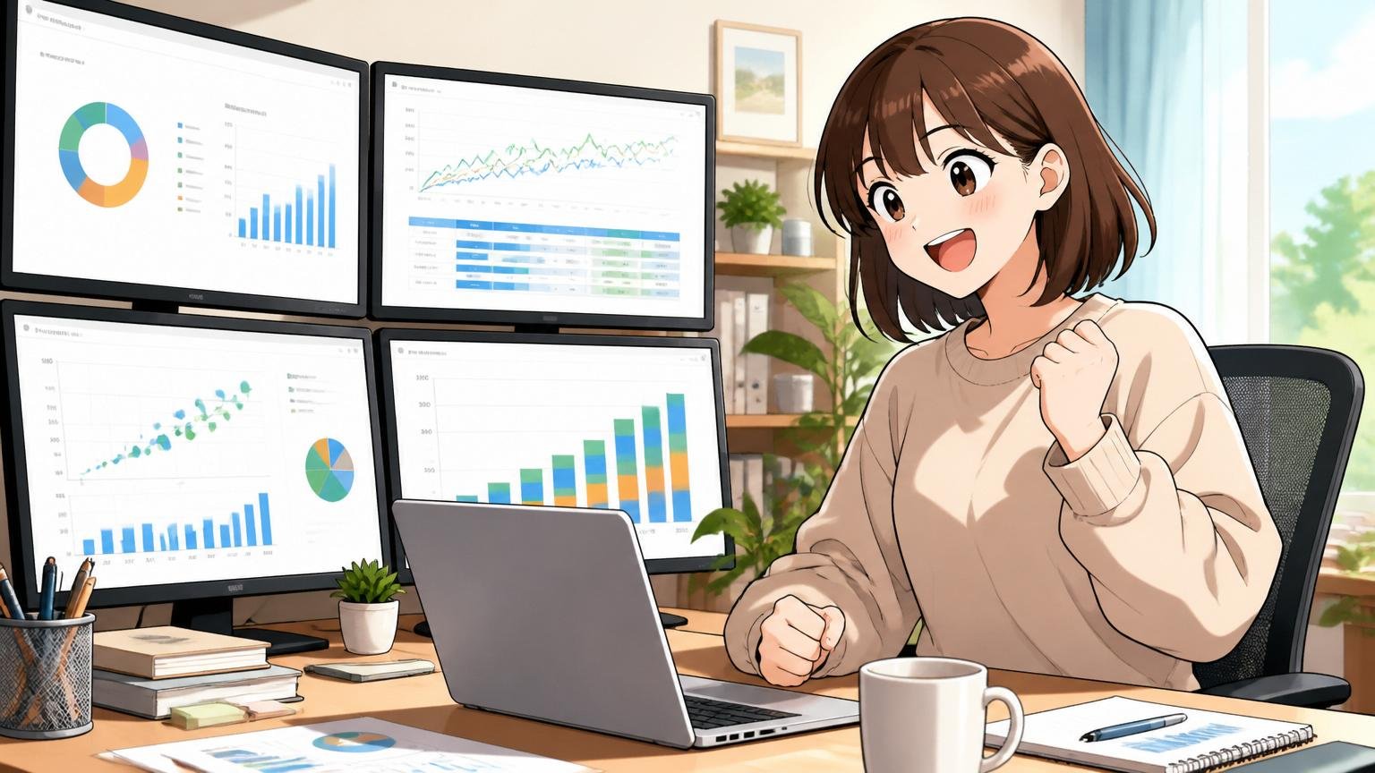 データで見た結論。在宅勤務の自宅デスクで複数のデータグラフを並べて納得した表情のエンジニア女性1人
