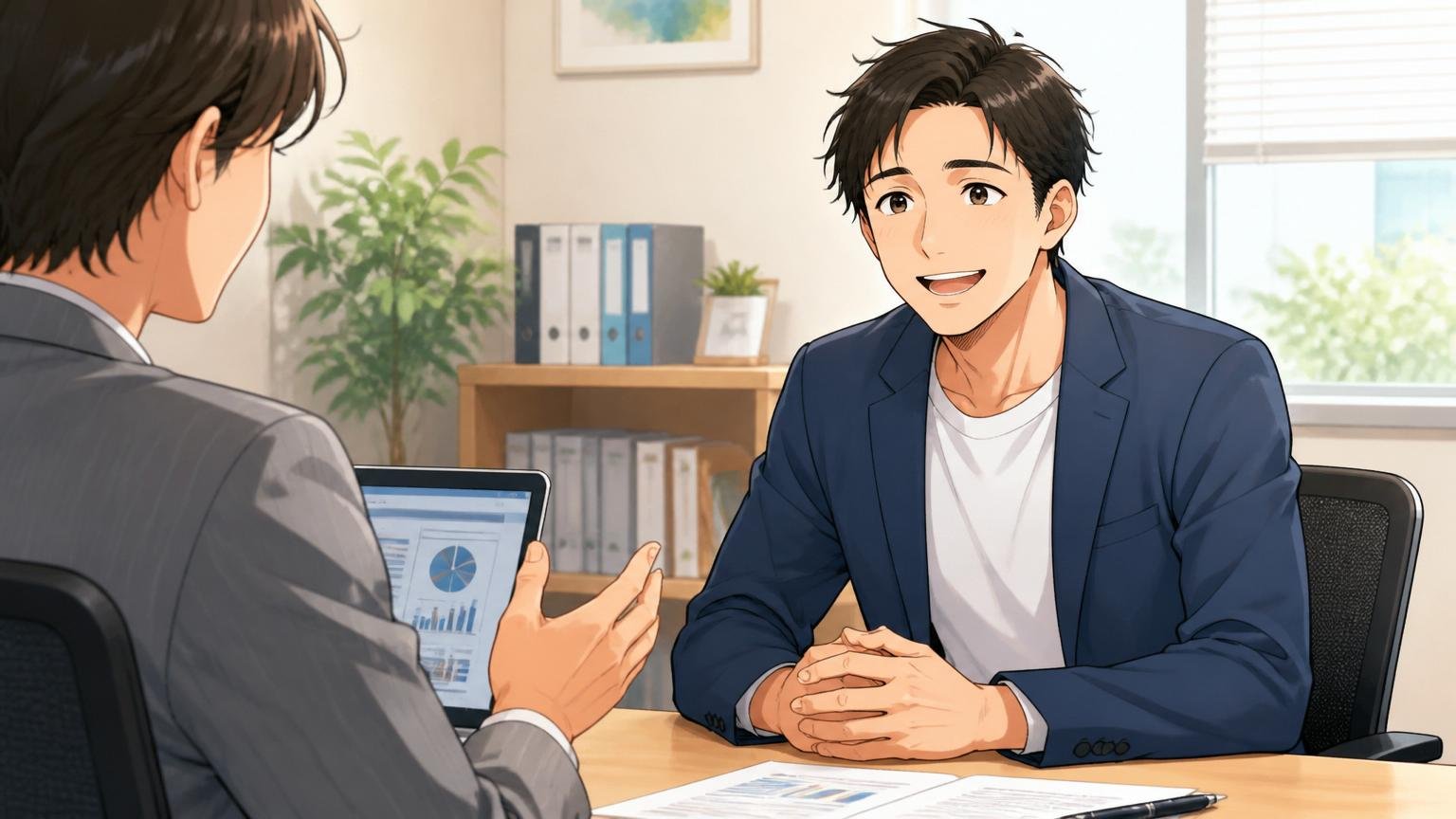 まず無料相談で自分の市場価値を知る|転職エージェントのオフィスで初回面談を受ける30代男性1人、安心した表情