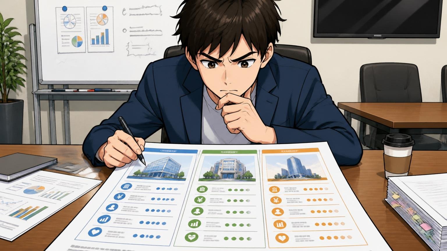 企業の会議室で転職希望者1人が3社の求人比較表を真剣に分析する場面