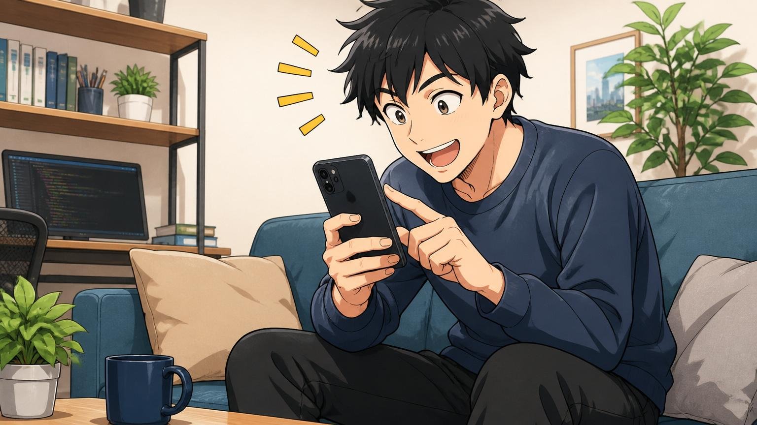 自宅のソファでスマホからエージェント無料登録する30代男性エンジニア1人