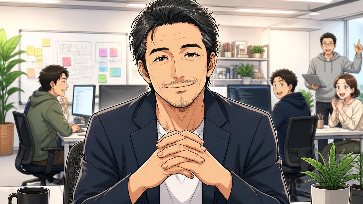 この記事の結論を3行で。Web系スタートアップのオフィスで40代男性メンター1人が、穏やかな笑顔で締めくくる表情