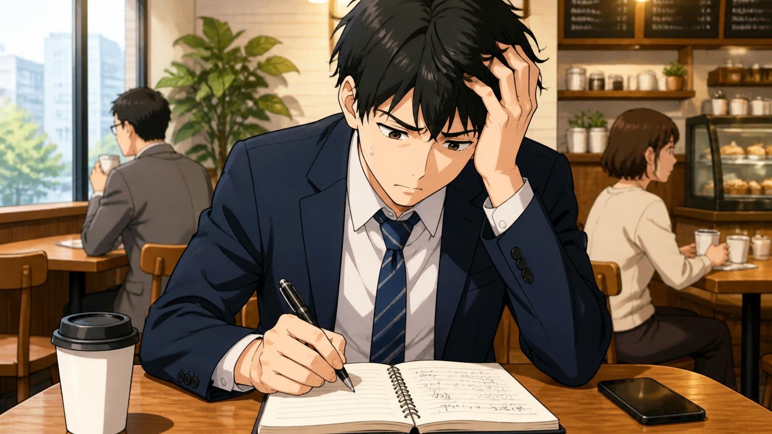 Zenkenは本当にやばい会社ですか 都心のカフェで悩みながらノートにメモを書く若手会社員