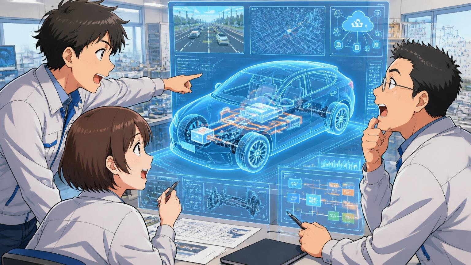 自動車部品メーカーの開発フロアでソフトウェア・ディファインド・ビークルの未来図を眺めるエンジニア3人