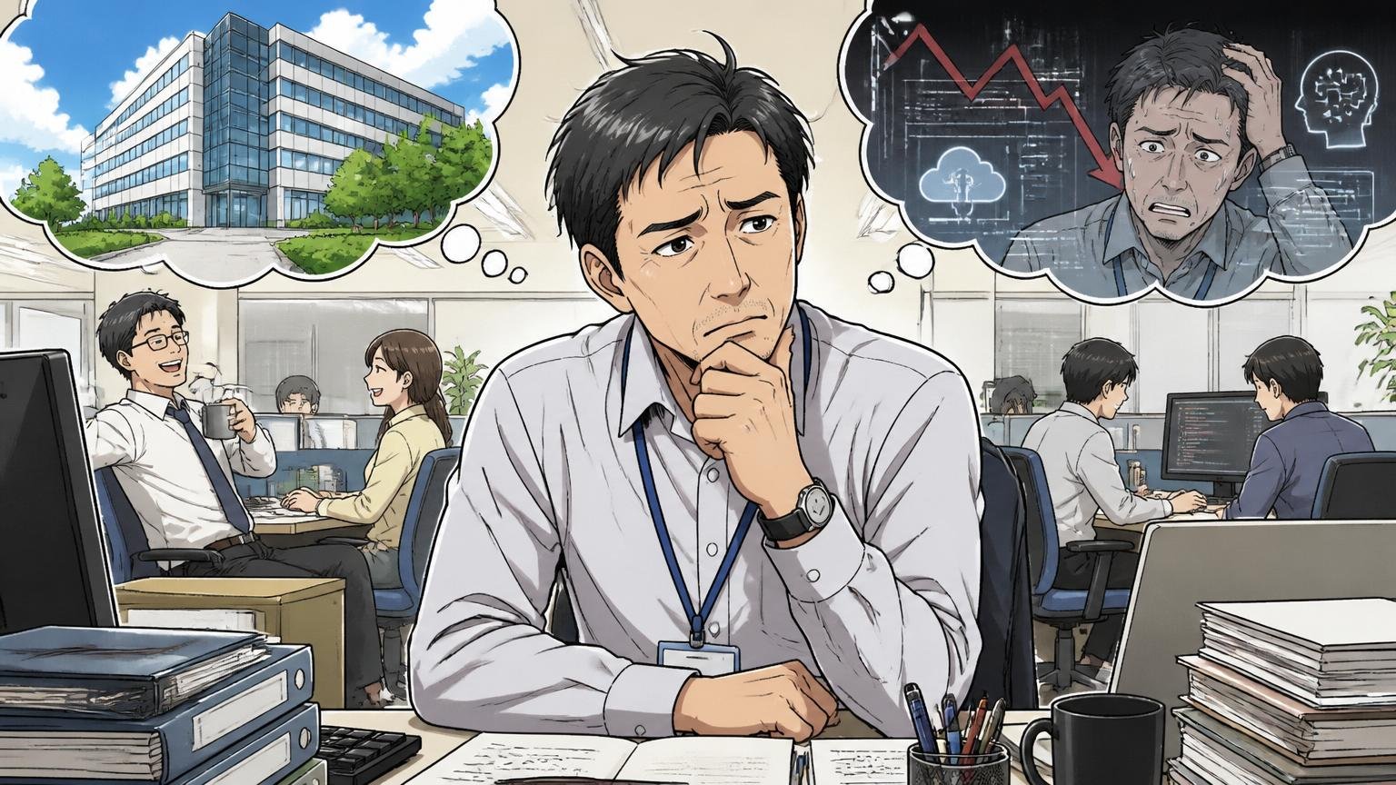 「安定」と「自分の市場価値」は別物であるシーンで、SIerの企業オフィスで40代男性エンジニアが「安定した会社」の安心感と「市場価値の低下」の不安の間で考え込んでいる