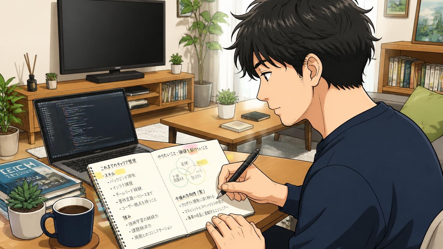 自宅のリビングで穏やかな表情でノートを書きながらキャリアを整理する1人の30代エンジニアの落ち着いた横顔