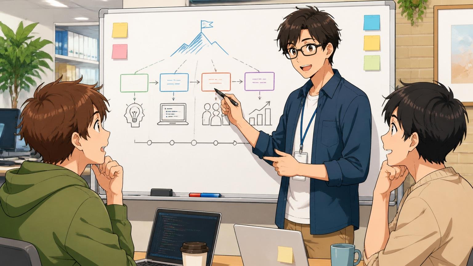 Web系企業のオフィスで先輩エンジニアが若手2人に向かって冷静にキャリア整理のフレームワークを描いて説明する穏やかな場面