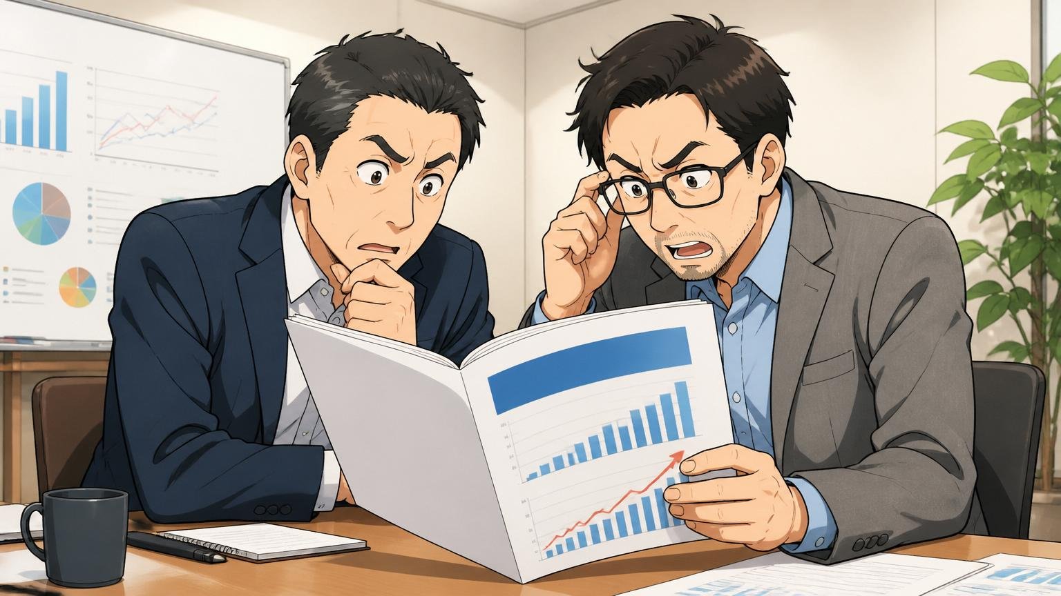 企業の会議室で経済産業省のIT人材不足試算レポートを真剣に読む2人のマネージャー