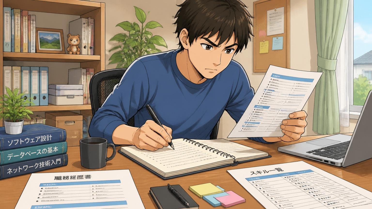 自宅のデスクで30代男性エンジニアが職務経歴書とスキル一覧を整理してノートに書き出している