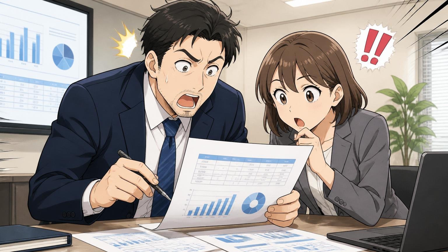 株式会社イノベーションの平均年収はいくら、企業の会議室で30代男性アナリストと20代女性が給与レンジ資料を確認する場面