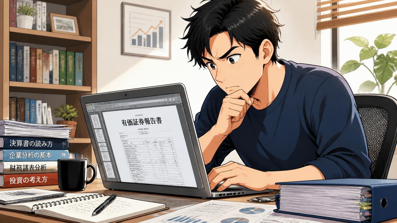 一次情報を確認するIR・有価証券報告書|自宅のデスクでノートPCに有価証券報告書PDFを開いて読み込む30代男性投資家、集中する表情