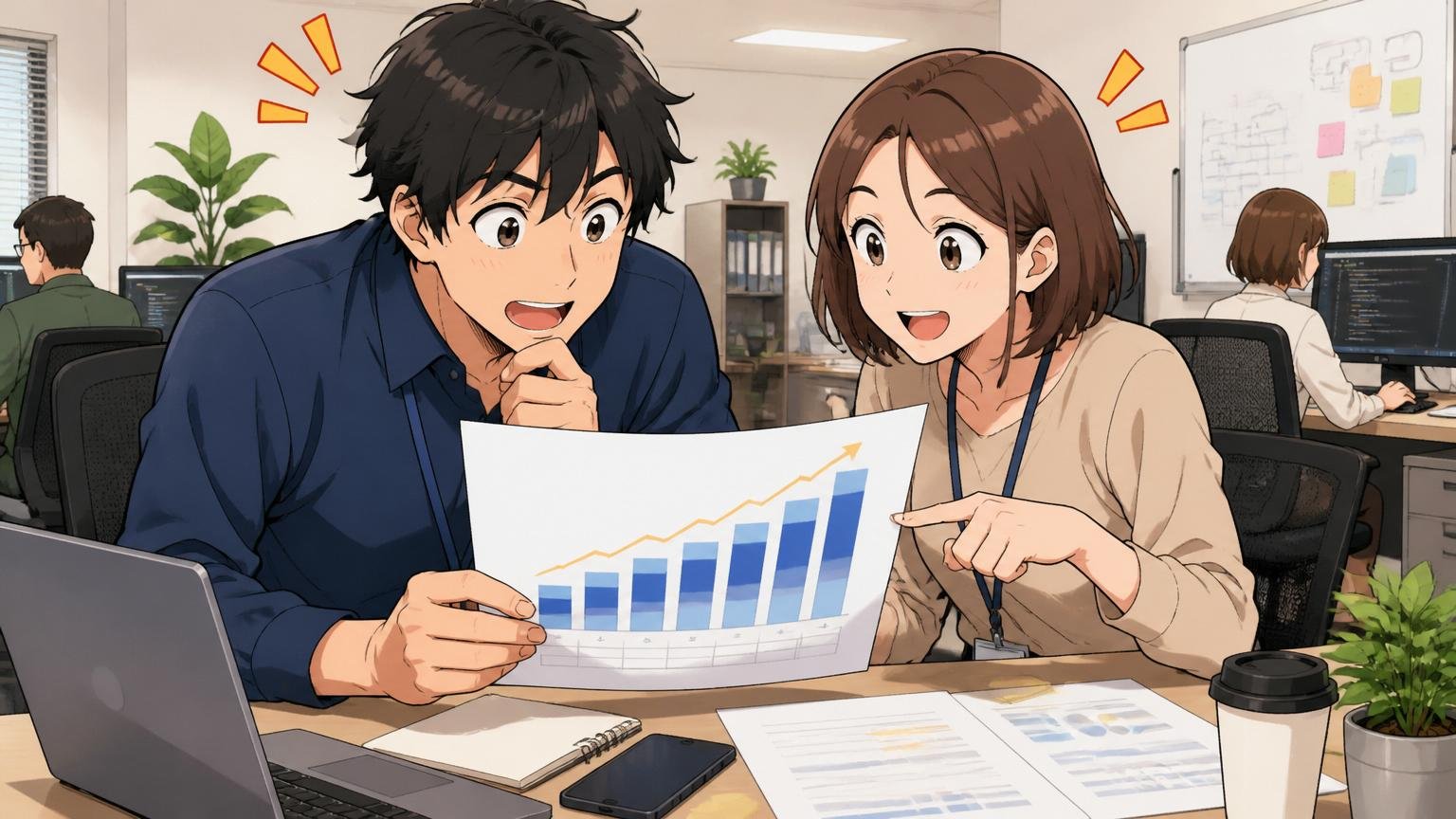 SES業界の経験年数別年収レンジ。Web系企業のオフィスで20代後半男性エンジニアと30代女性が年収表を見比べる