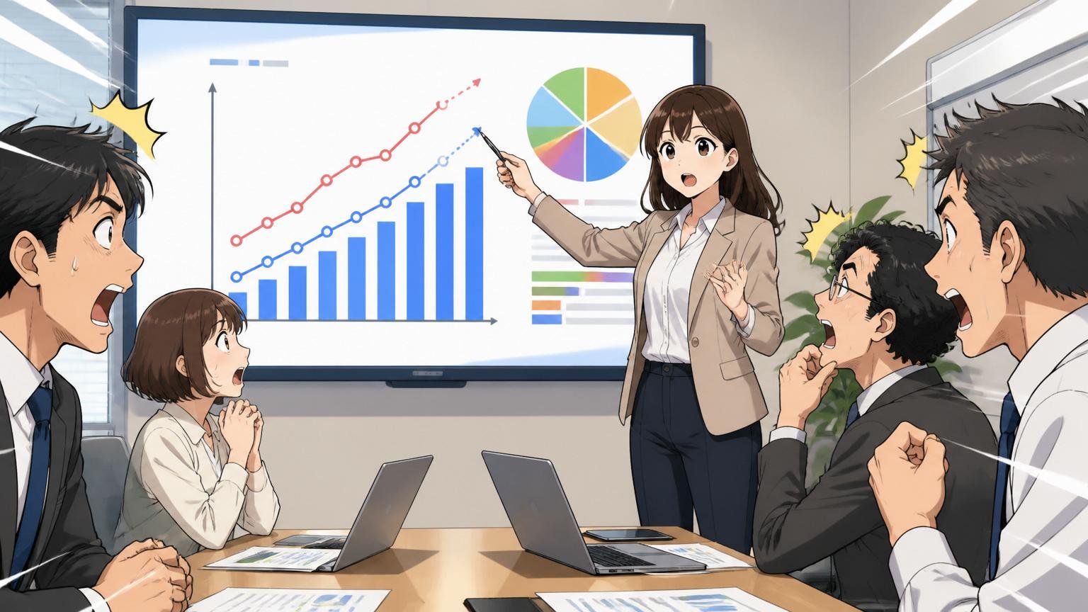 企業の会議室でIT人材需給のグラフを示すスクリーンの前に立つ30代女性アナリスト1名がプレゼン中