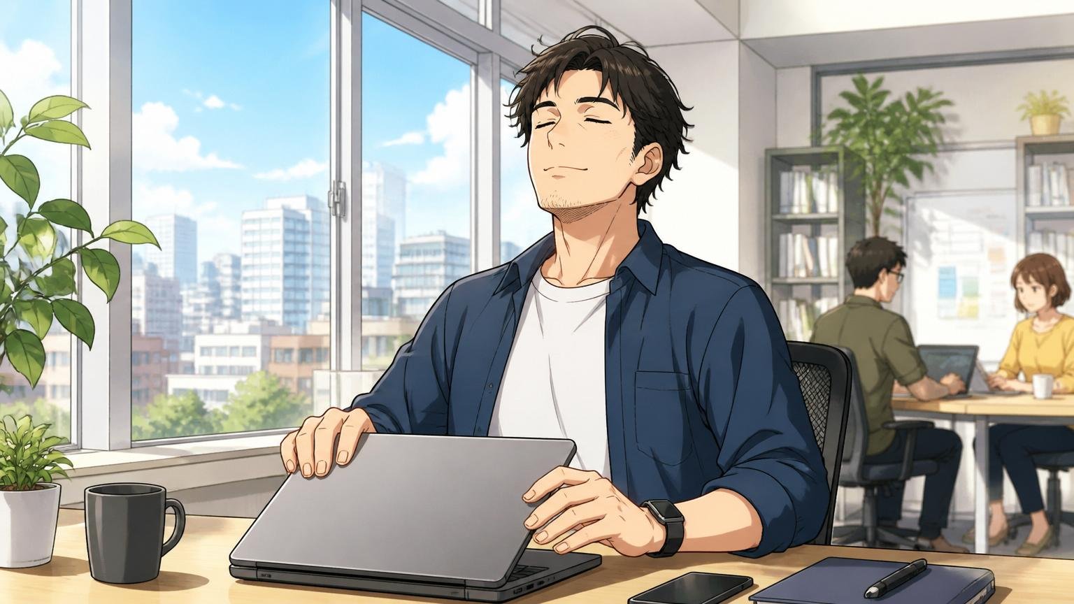 Web系スタートアップのオフィスの窓辺で、30代男性エンジニアが落ち着いた表情でノートPCを閉じて深呼吸する朝のシーン
