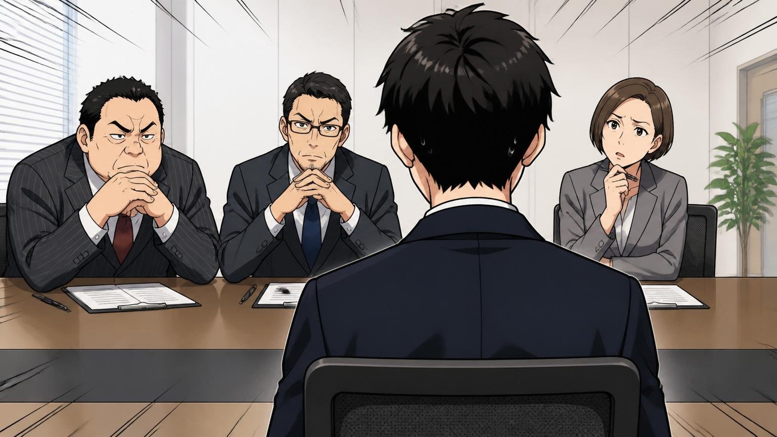 企業面接の場面、企業の会議室で面接、3人の面接官と1人の応募者が向かい合う緊張感のある表情