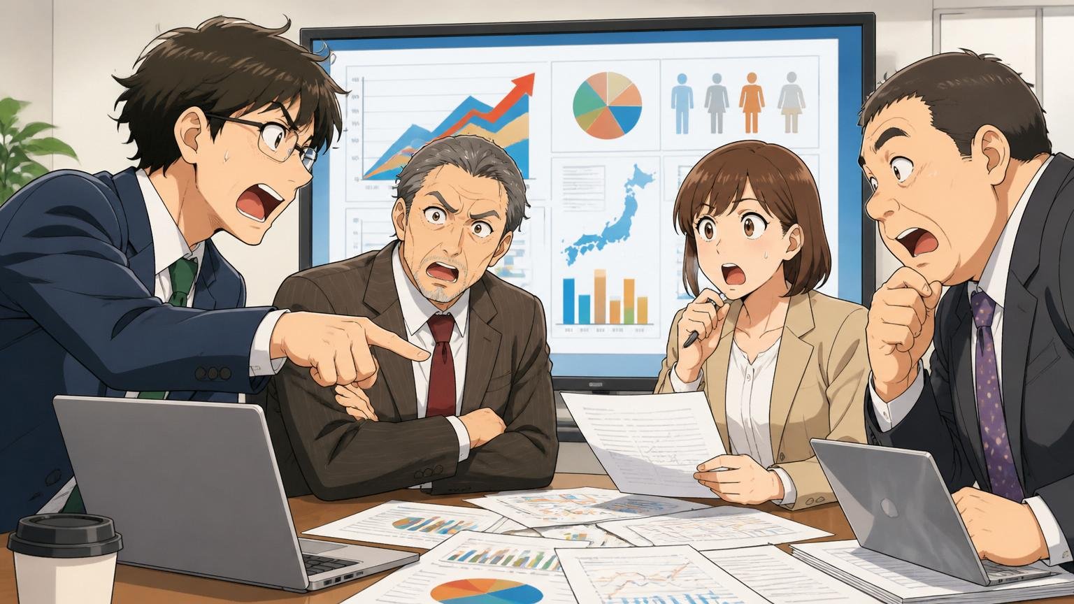 企業の会議室で人材市場のデータを見ながら議論する経営層と人事担当者