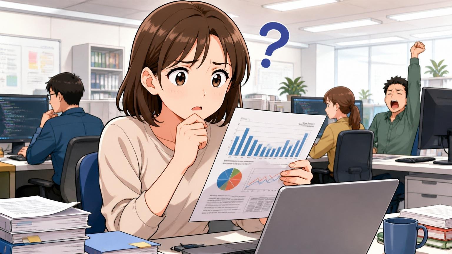 アルファシステムズの離職率はどれくらい SIerのオフィスで30代女性エンジニアが疑問の表情でデータを確認する場面
