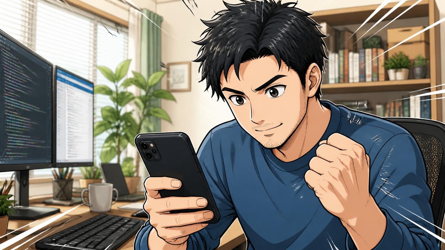 スマホで転職エージェントに無料相談予約をする30代エンジニア、自宅のデスクで在宅勤務、決意ある表情