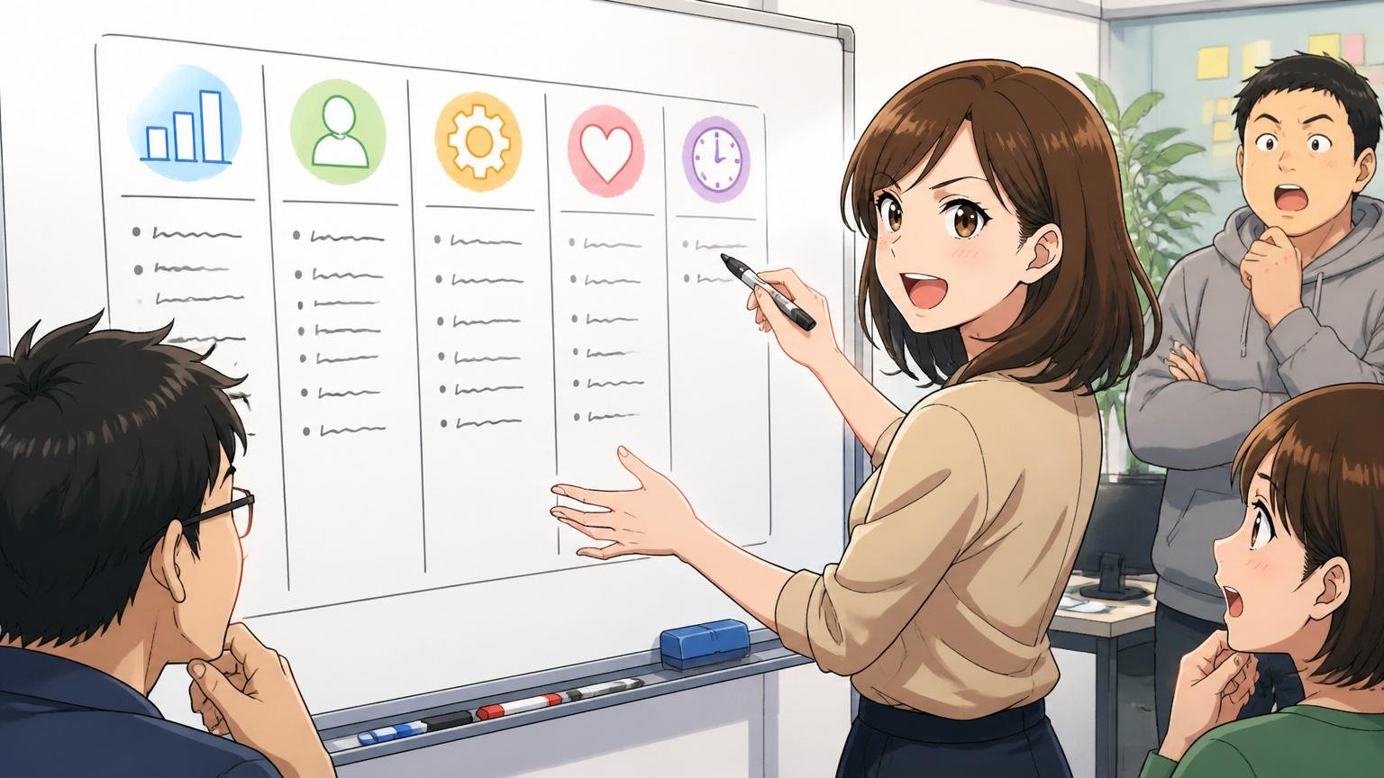 5つの軸で会社を整理、オフィスのホワイトボードに5つの判断軸を書き出して整理する30代女性エンジニア
