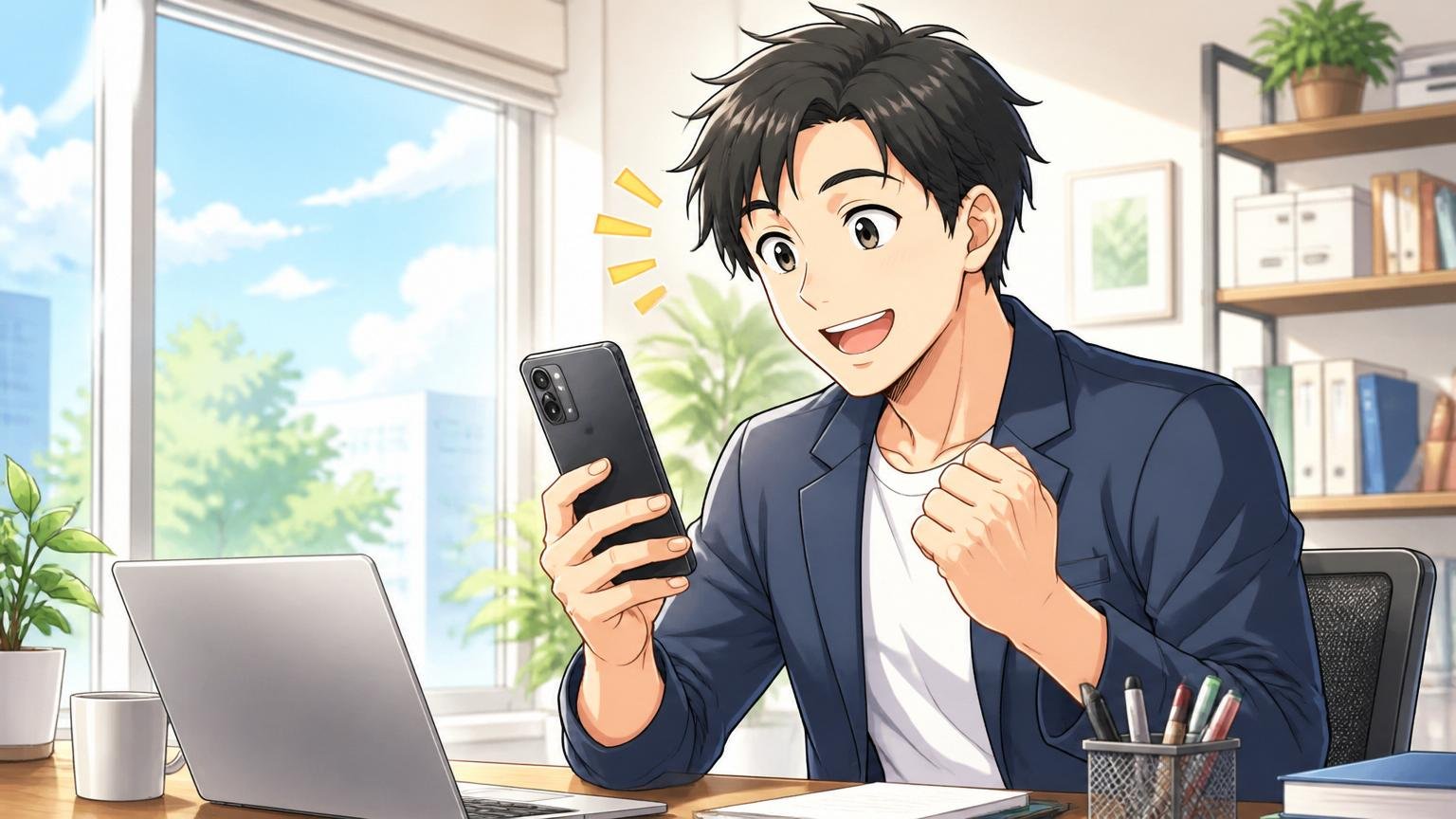 もう一人で抱え込まない。窓際の明るいデスクで30代男性が1人前向きな表情でスマホからキャリア相談を申し込む