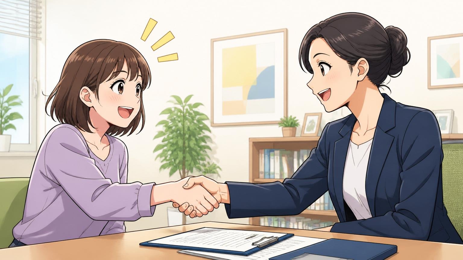無料相談で一歩踏み出す転職活動者。明るい面談スペースで女性相談者1人とアドバイザー1人が笑顔で握手している