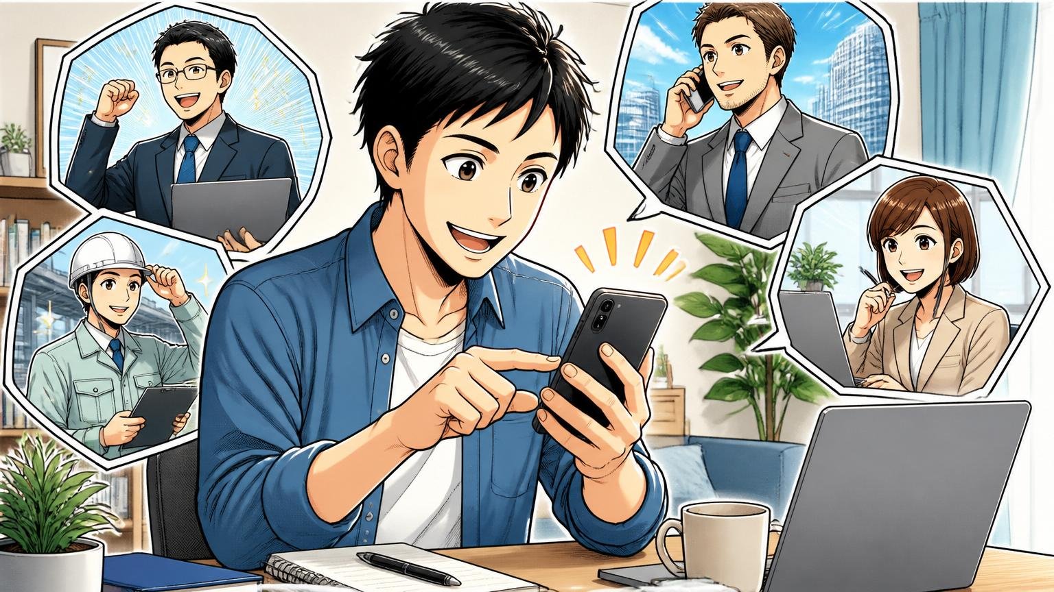 無料で市場価値と選択肢を確かめる。自宅のデスクで30代男性が前向きな表情でスマホからエージェントに登録