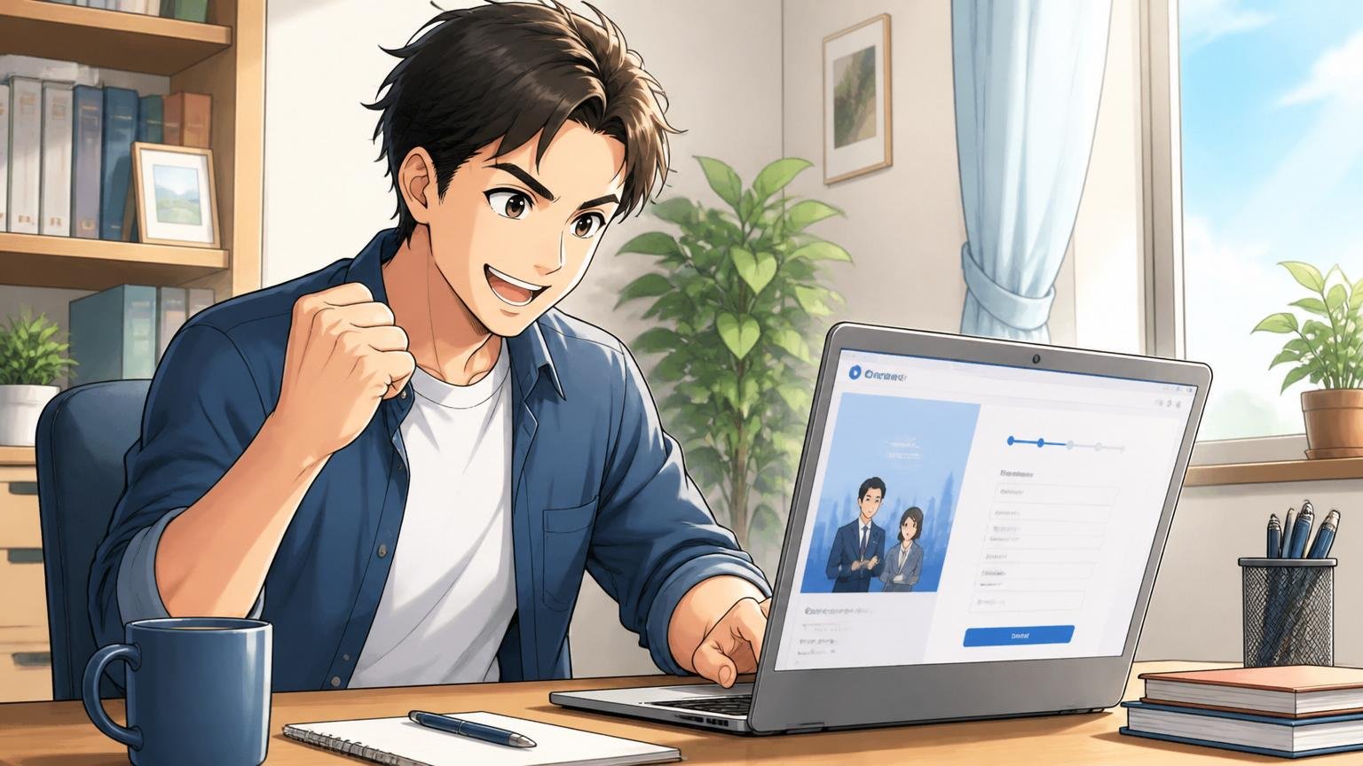 朝日が差し込む自宅のデスクで前向きな表情で転職エージェントの登録ページを開く30代男性エンジニア1人