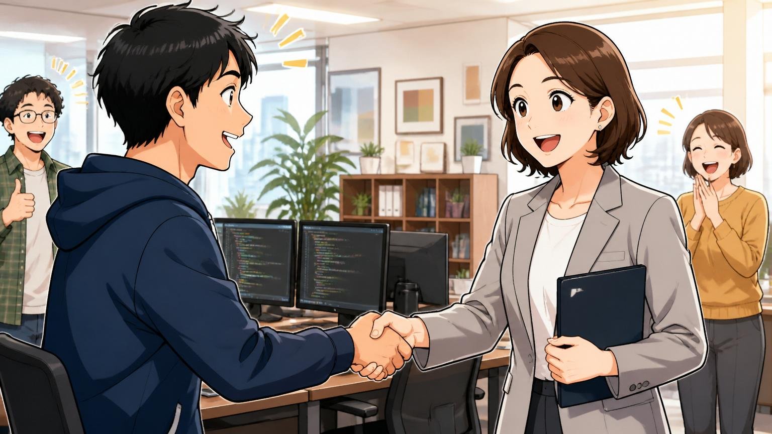 都心のIT特化型エージェントのオフィスで握手を交わす30代男性エンジニアと女性アドバイザーの笑顔