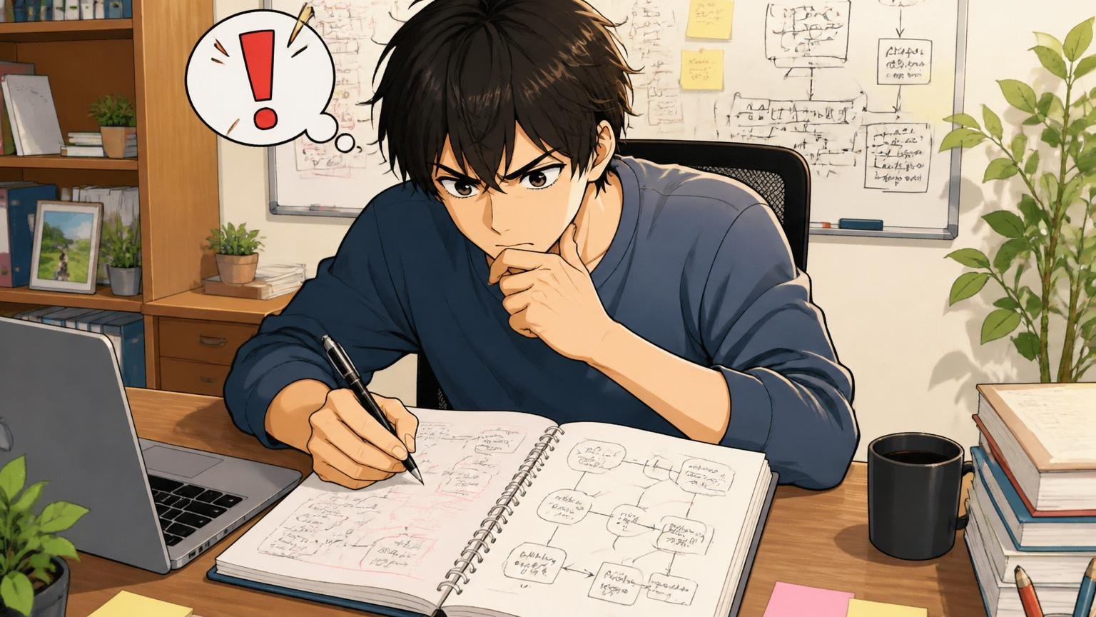 ノートに違和感の正体を書き出して整理する、自宅のデスクで在宅勤務中のエンジニア1人