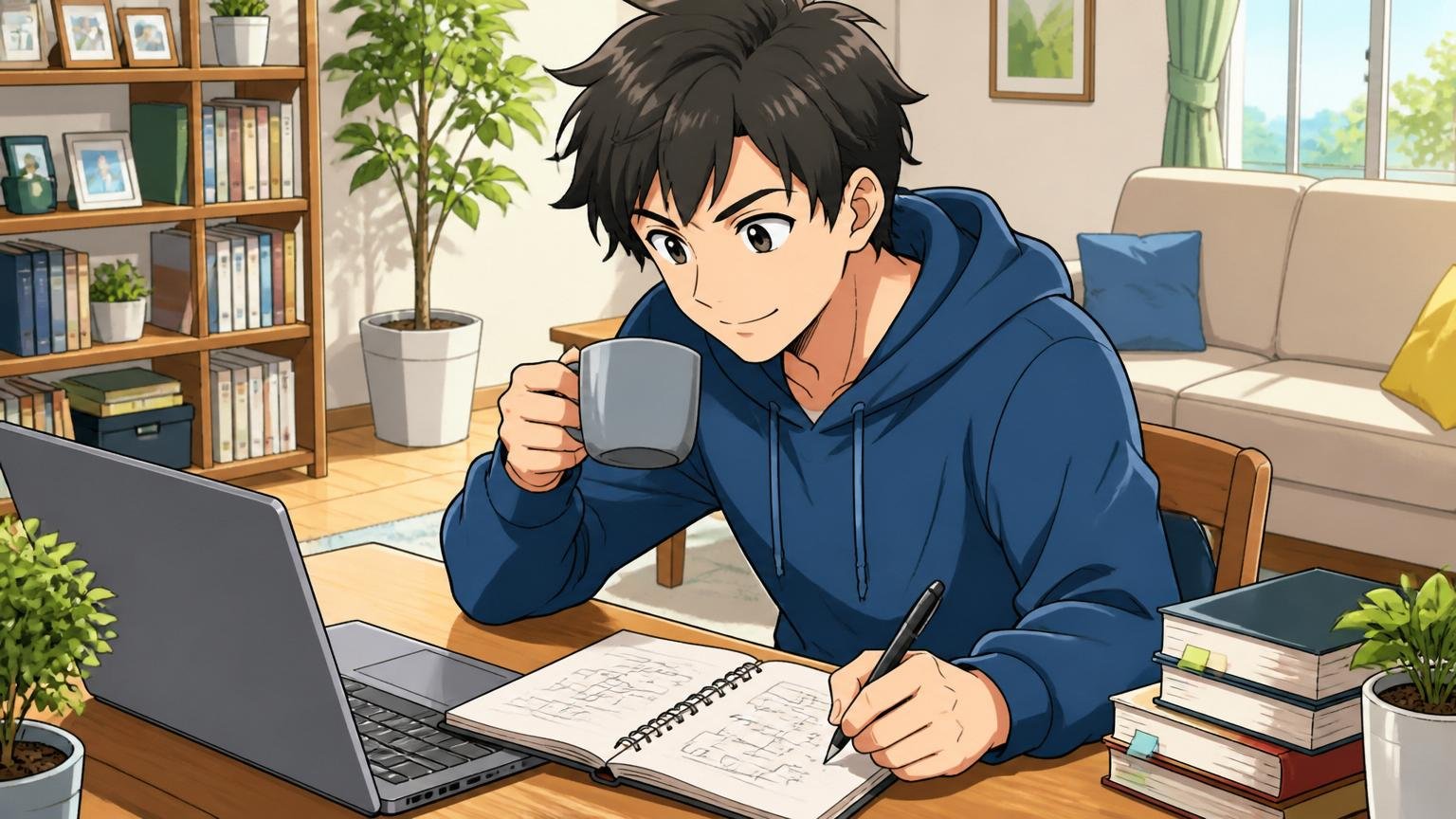 自宅のリビングで朝のコーヒーを飲みながらノートPCに向かいキャリアプランを書き出す30代男性エンジニア