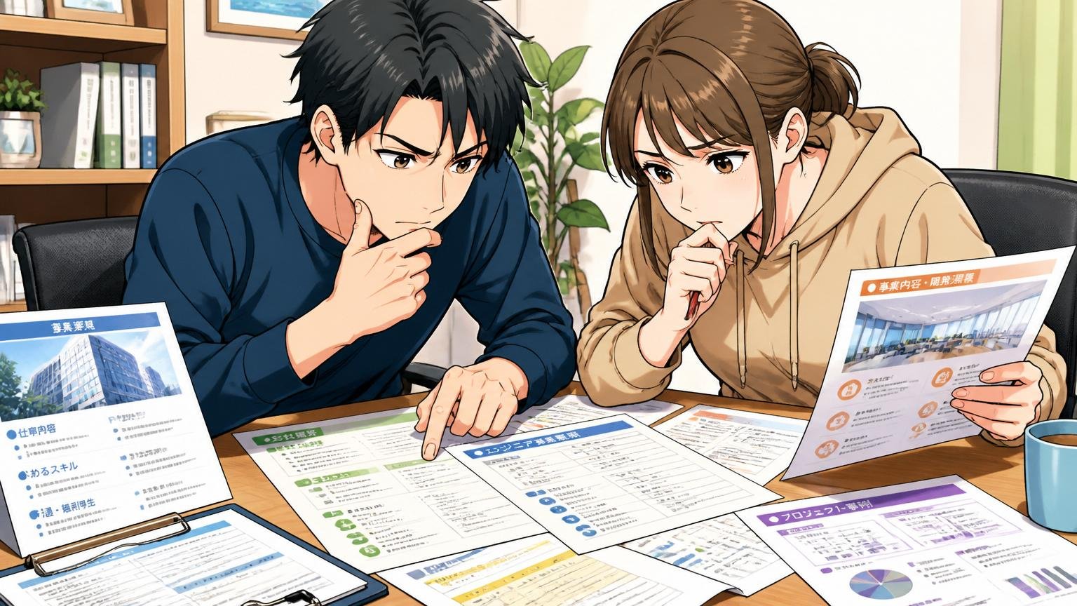 自宅のデスクで複数の求人票や企業資料をテーブルに並べて慎重に見比べる30代男女エンジニア