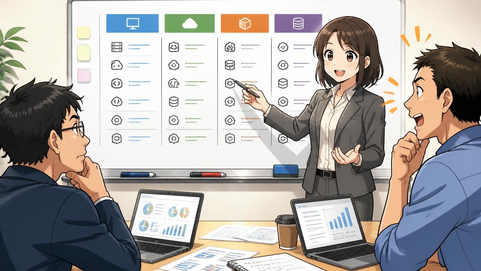 企業の会議室でIT技術スタックを一覧で比較しながらアドバイスする30代女性キャリアアドバイザー, 面談シーン