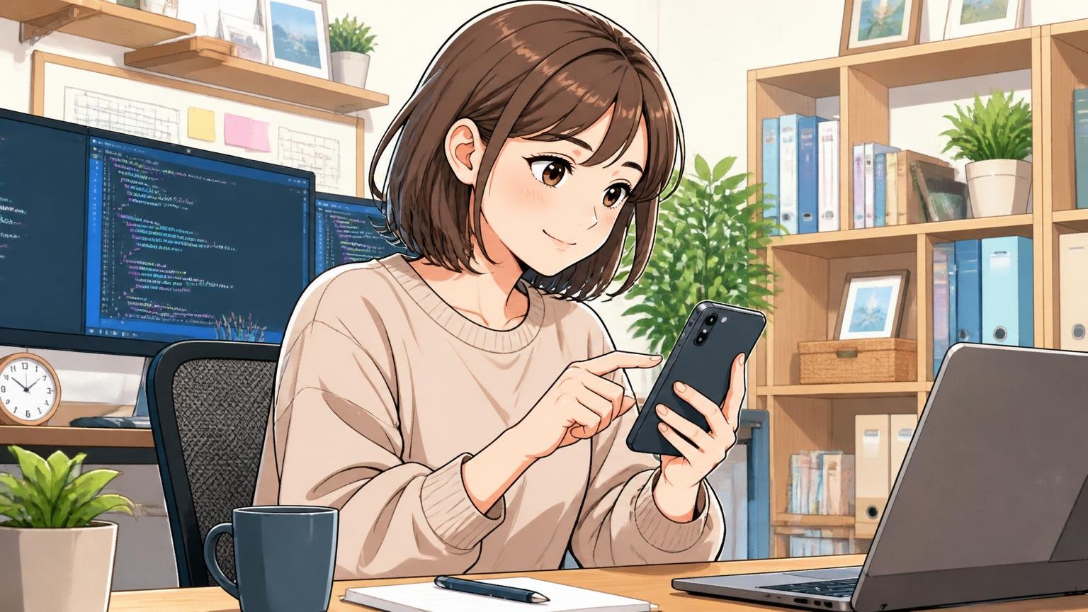自宅のデスクで20代後半女性エンジニア1名がスマホでエージェントの登録フォームに穏やかな表情で入力する場面