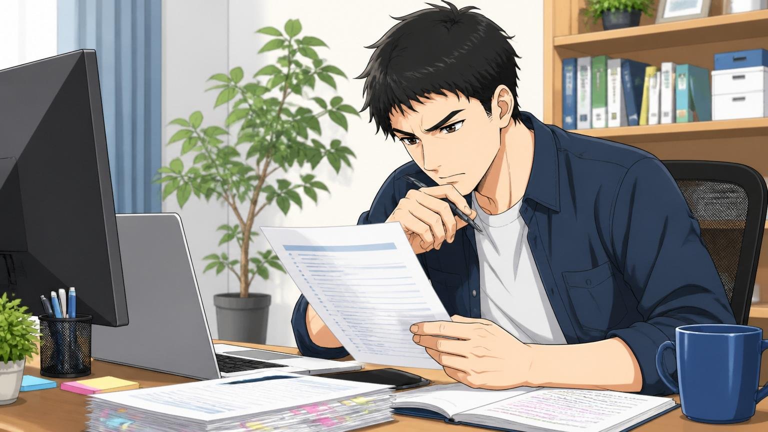 職務経歴書を書き直しているエンジニア。自宅のデスクで在宅勤務、30代男性1人が真剣に文章を推敲する姿