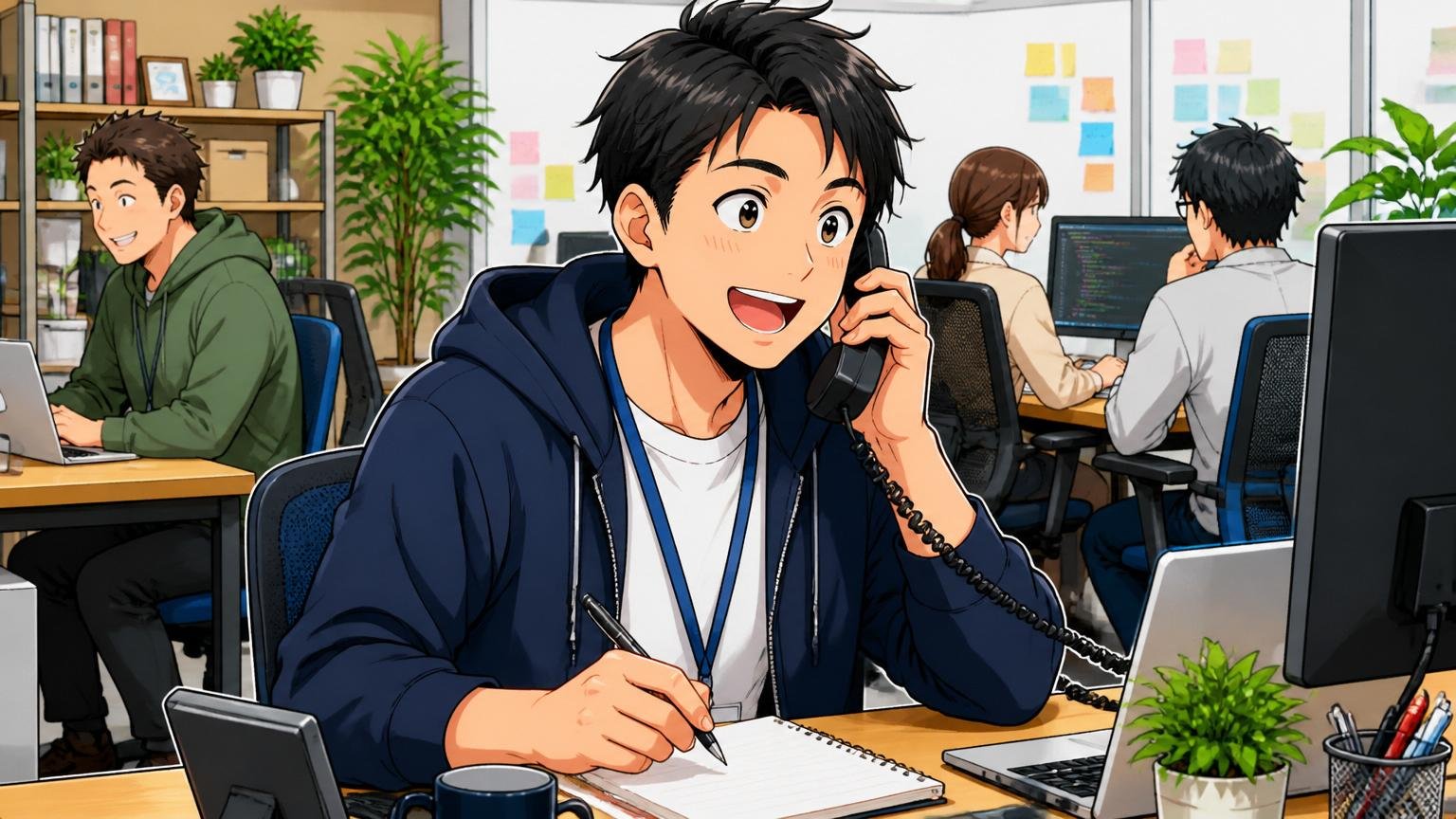Web系スタートアップのオフィスで笑顔で電話相談する30代男性エンジニアが前向きな表情でメモを取る