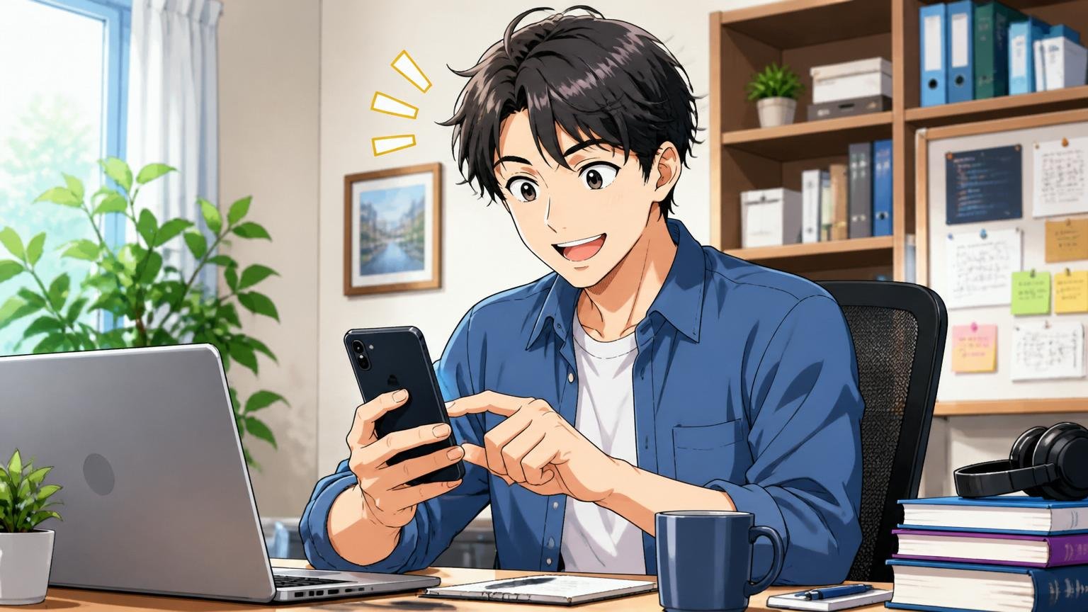 今日から始められる市場価値を確かめる第一歩を踏み出す自宅のデスクでスマホ登録する30代男性エンジニア1人