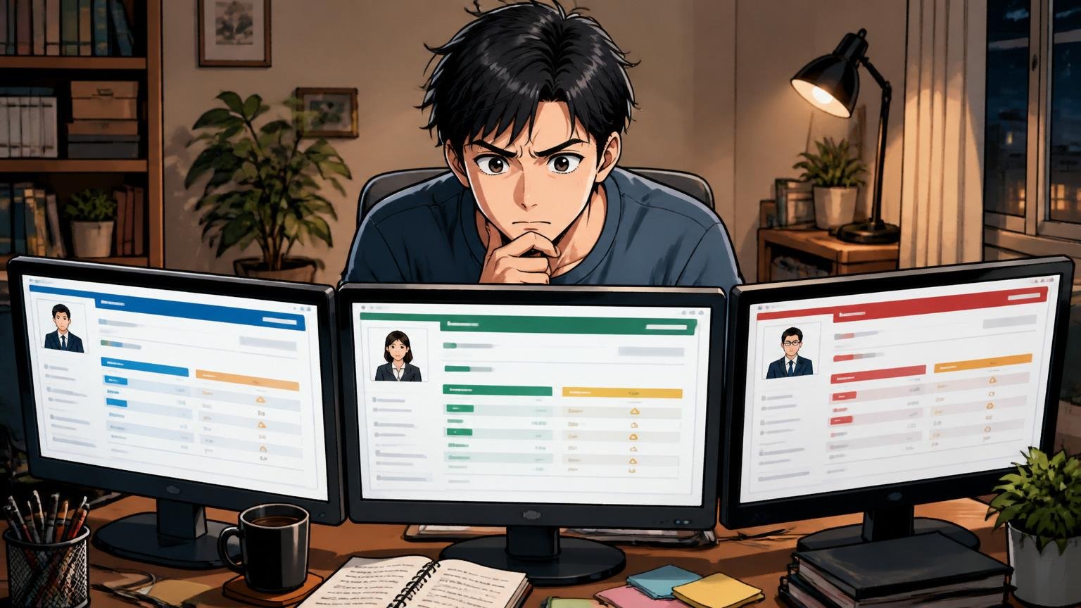 自宅のデスクで複数の転職エージェントの画面を並べて比較する30代エンジニアの夜の落ち着いたシーン