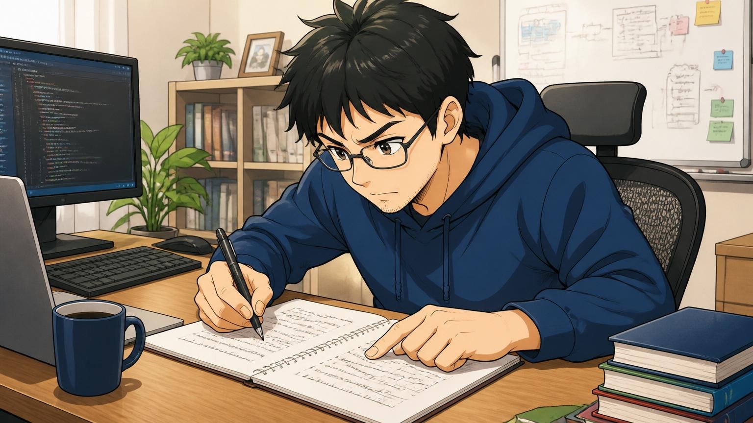 自宅のデスクで在宅勤務中の30代エンジニアがノートに自分の経歴を書き出している
