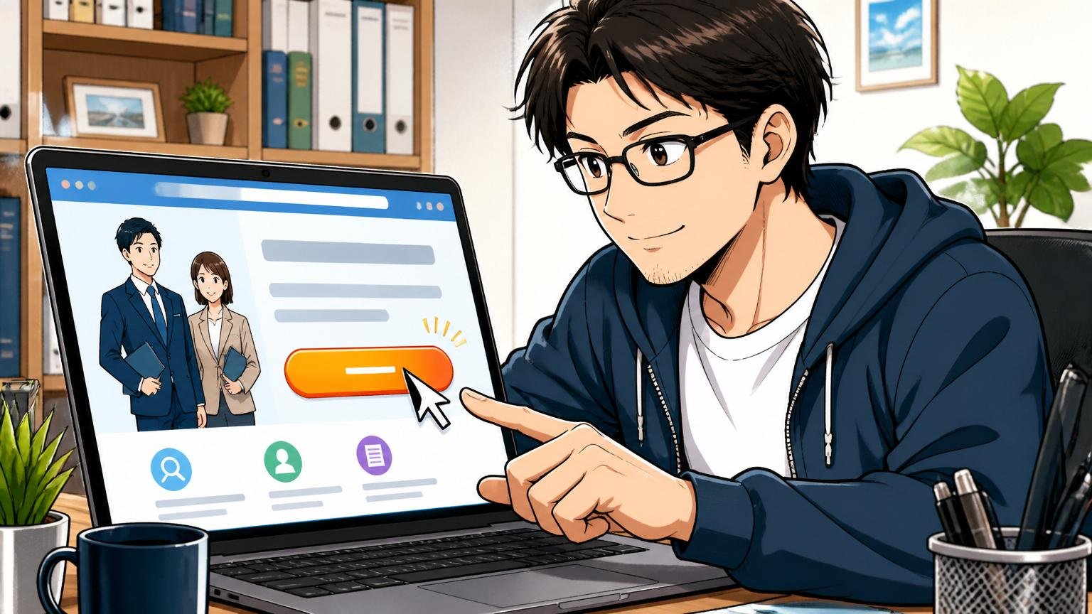 自宅のデスクで30代エンジニアがラップトップに向かい、転職エージェントの登録ボタンに穏やかな表情でカーソルを合わせている