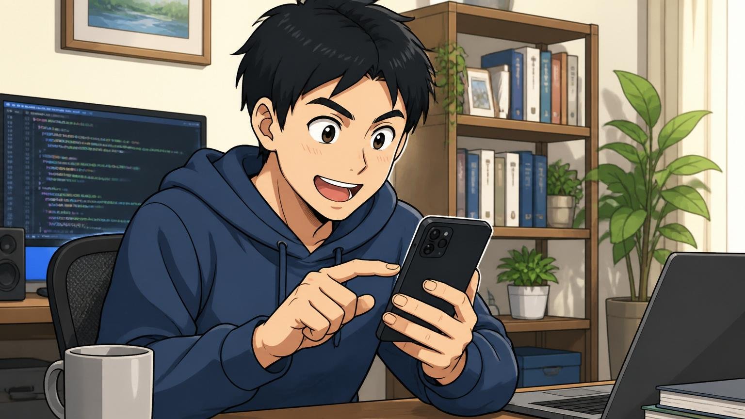 自宅のデスクでスマホでエージェントに無料相談の登録をする30代エンジニア1人、前向きな表情