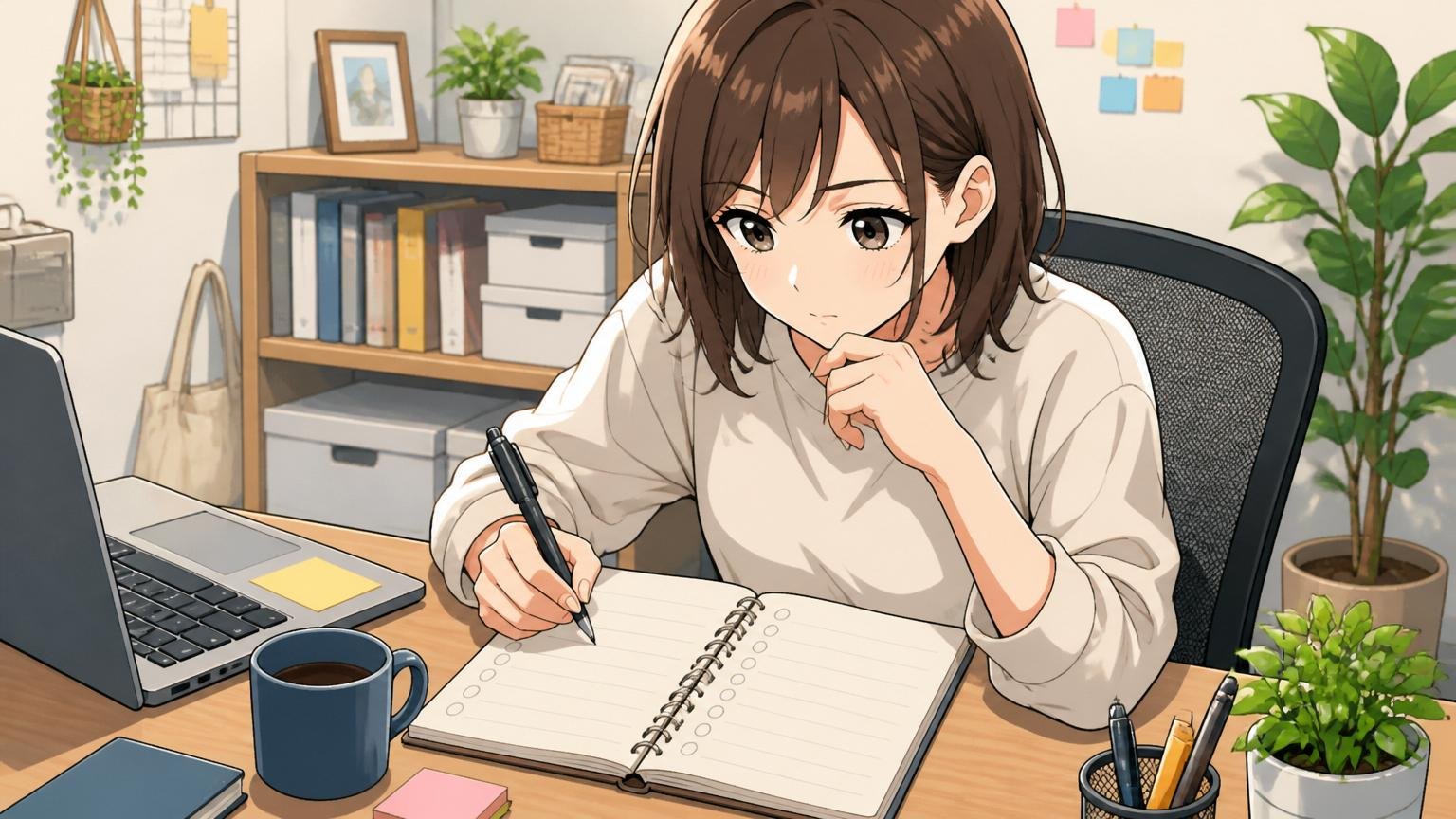 現職のメリットを言語化できているか｜自宅のデスクでノートにメリットを書き出す30代女性エンジニア1人