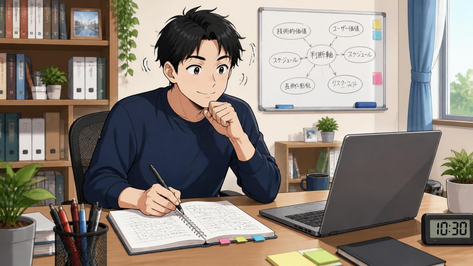 自分の判断軸を整理するエンジニア/自宅のデスクで在宅勤務/30代男性1人/ノートに書き込みながら頷く