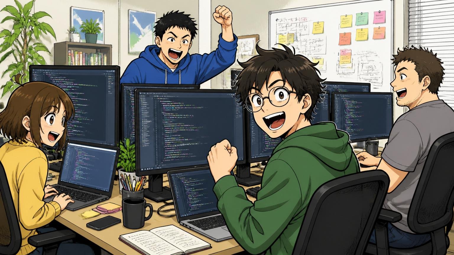 モニター複数台で開発するエンジニアたちのWeb系スタートアップのオフィス、20-30代男女エンジニア4人、活気ある表情でコードを書く